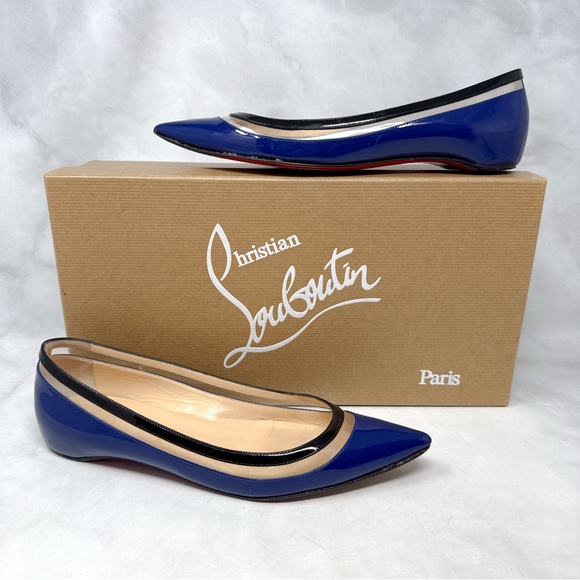 Christian Louboutin Paulina Patent Leather Pointed Toe Ballerina Flat Shoes Blue